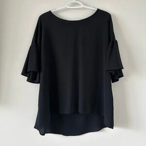 Women’s Short Sleeve Black Blouse Ruffle Sleeve Career Office Nice Formal Casual